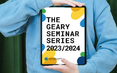 Hands holding a tablet with a image that says 'The Geary Seminar Series 2023/2024'